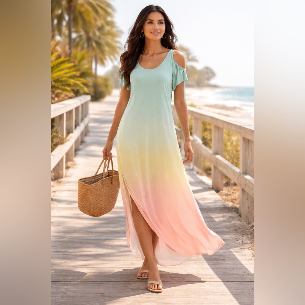 C Est 1946 Ombre Maxi Dress Cold Shoulder Rayon Stretch Boho M